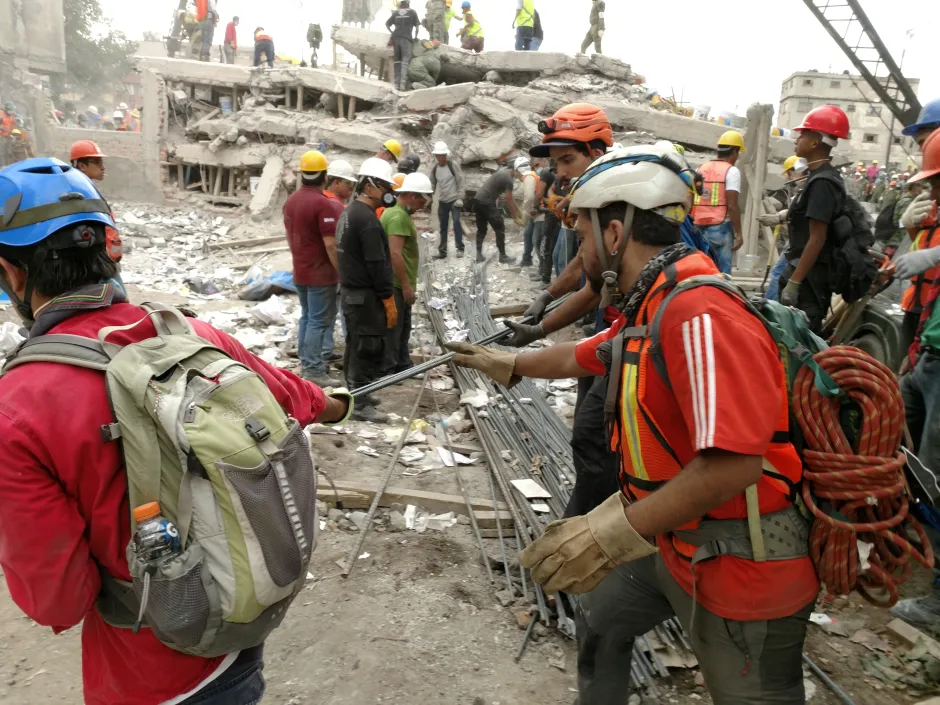 Scouts clearing the rubble in Mexico